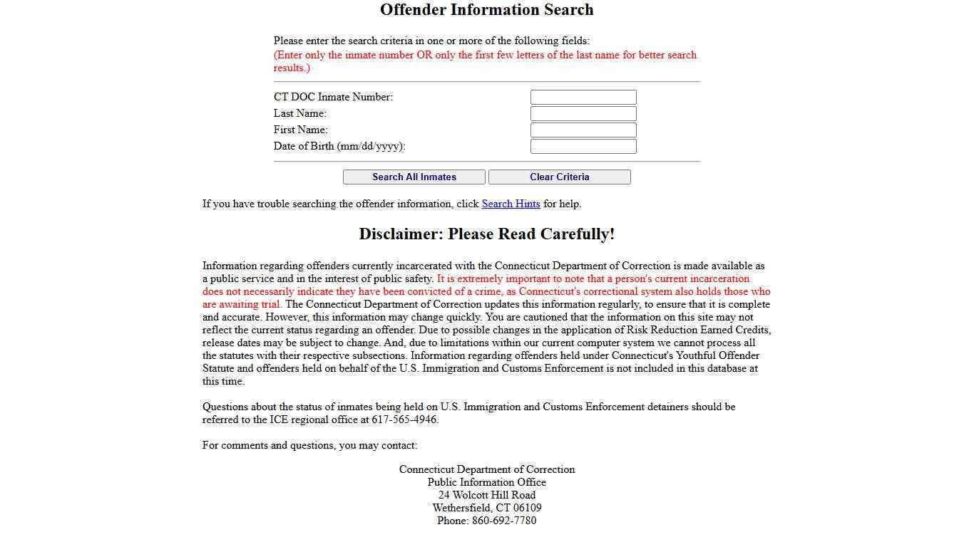 Department of Correction Inmate Information Search